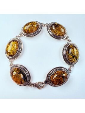 Estate 28.5 CT Green Baltic Amber Oval Panel MCM Sterling Silver VTG Bracelet